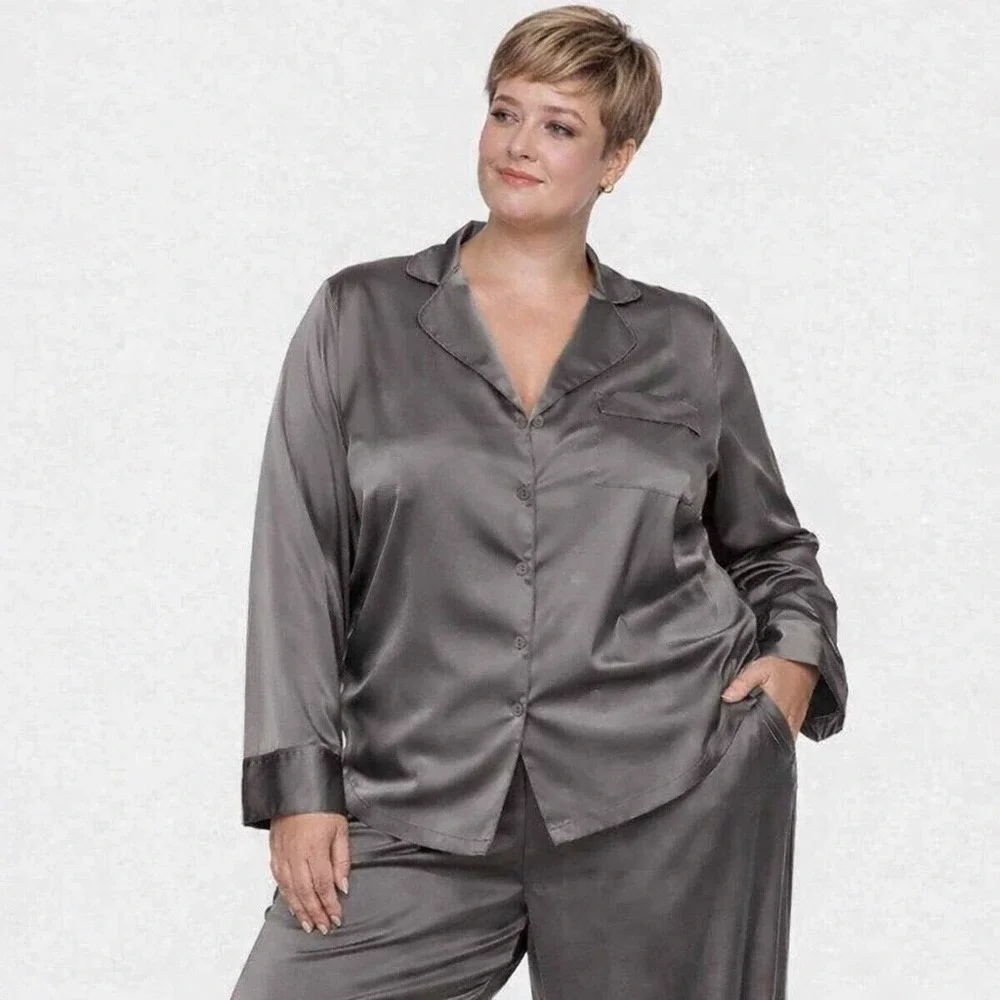 SKIMS Silk Pajama Top Button Front‎ Gunmetal Womens 4X